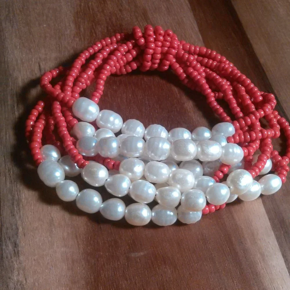 Red Seed Bead and Faux Pearl Multi-Strand Stretch Bracelet